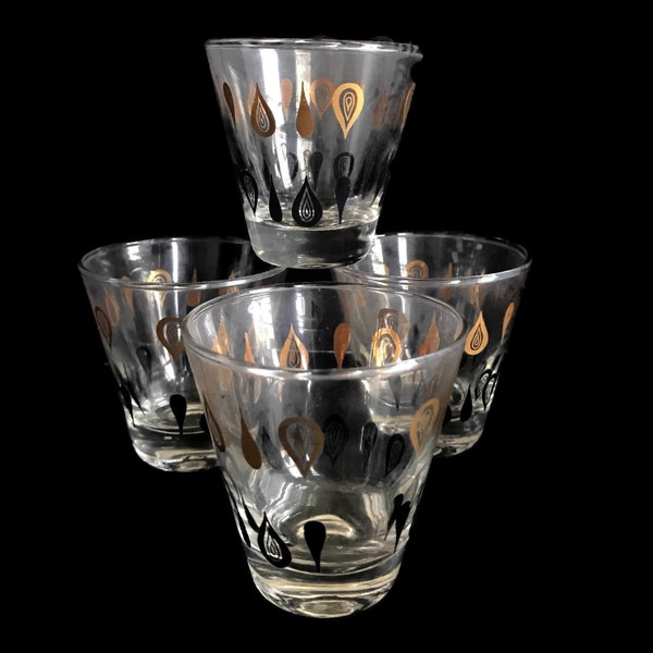 Vintage Barware, Mid Century Cordial Glasses, Shot Glasses Black and Gold, Set of Four Barware Glasses, New Home, Retro Barware