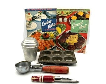 Vintage Red Kitchen Decor, Instant Collection, 1940s 1950s Kitchen, 6 Piece Set, Ice Cream Scoop, Cookbooks, Cooling Dishes, Ground Meat