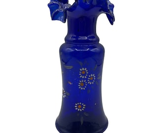Vintage Cobalt Blue Glass Vase: Hand-Painted Flowers, Ruffle Rim