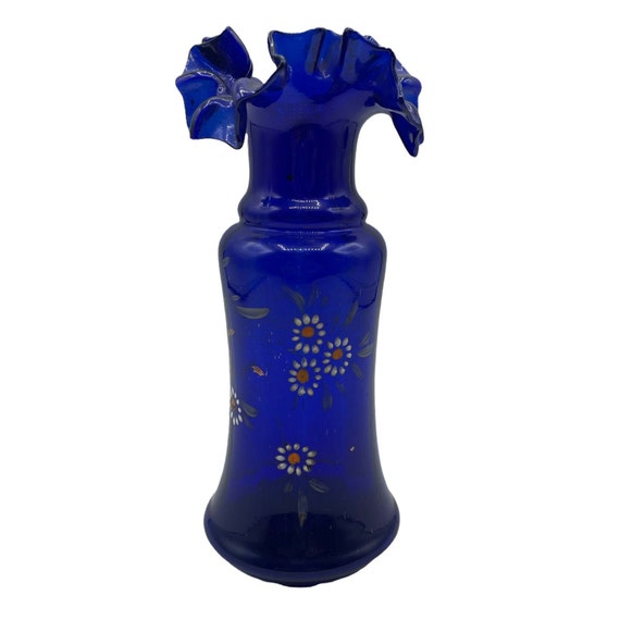 Vintage Cobalt Blue Glass Flower Vase With Hand Painted Etsy