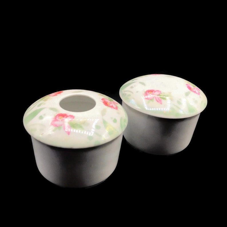 Pink Irises Hair Saver Antique German Porcelain Hair Receiver and Lidded China Box Set Bath Decor Handpainted Flowers Vanity Jars