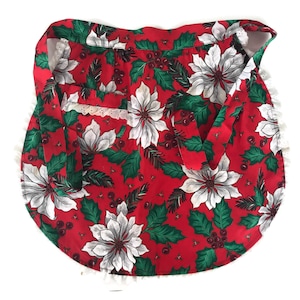 Vintage Christmas Apron White Poinsettias Cotton Half Apron Green on Red Lace Trim Holiday Entertaining Hostess Apron Floral Apron