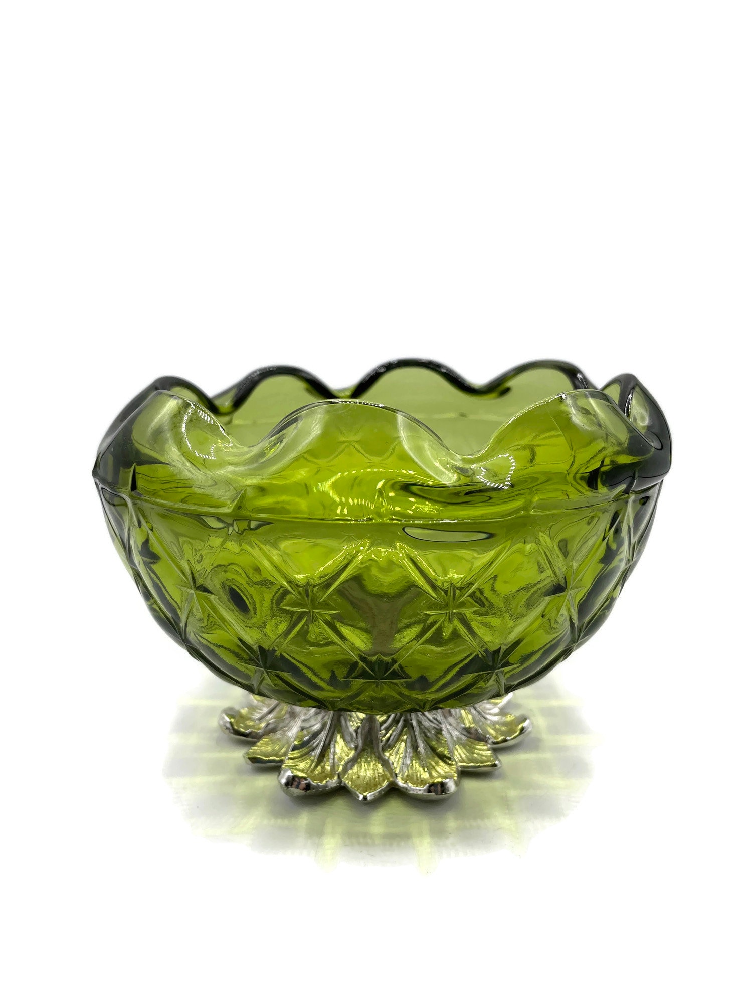 Vintage   Heavy Green  Glass  Candy Dish  Diamond Pattern