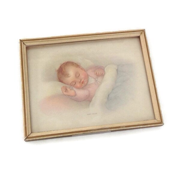 Vintage Baby Picture, Framed Print, Baby Asleep, 1930's, Art Pub Co. Chicago, Sweet Pink and Blue, Baby Room Decor