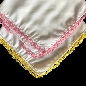 Vintage Hankie Handkerchiefs, Handmade, Tatted Edging, Pink and Yellow Trim White Cotton with Pink, Two Hankies, Wedding, Repurpose Hankie