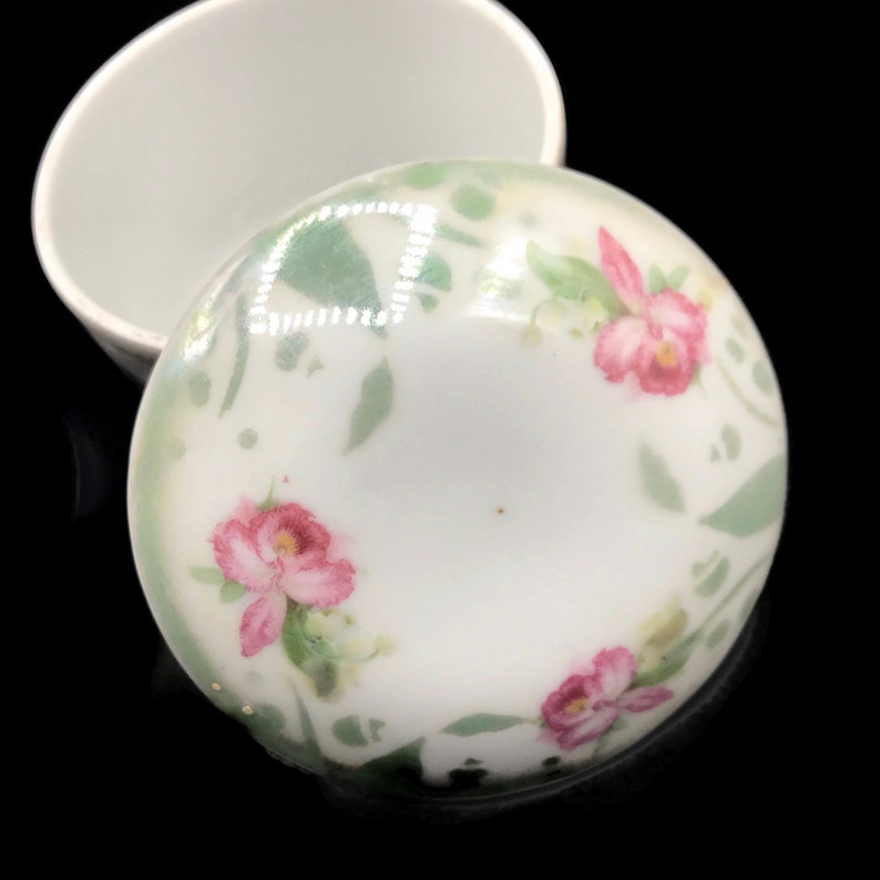 Pink Irises Hair Saver Antique German Porcelain Hair Receiver and Lidded China Box Set Bath Decor Handpainted Flowers Vanity Jars
