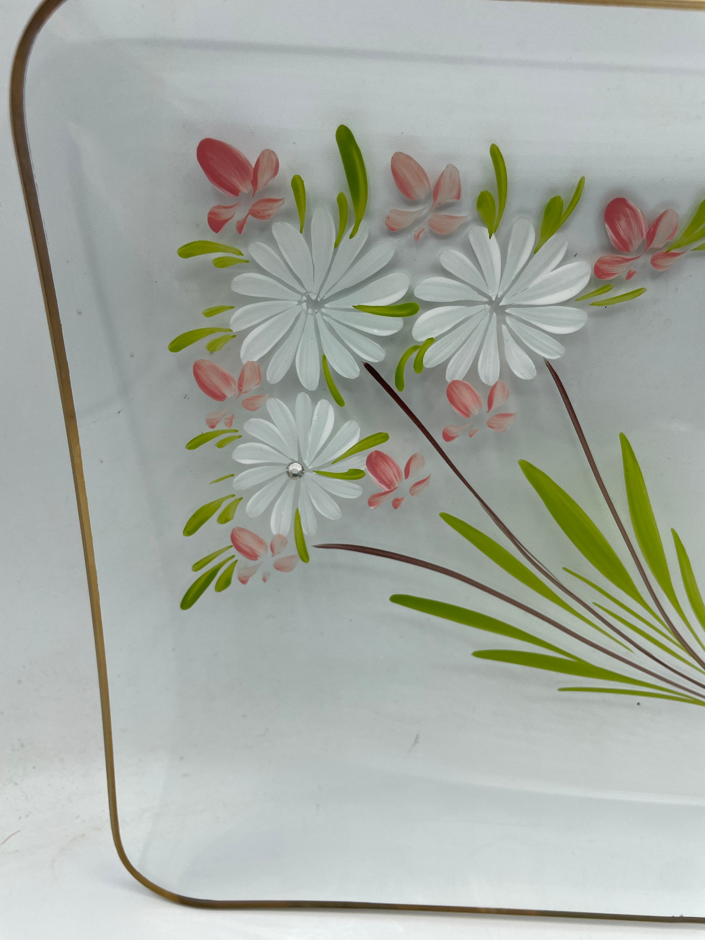 Plateau ancien peint main – fleurs sur verre – style vintage (inspiration art déco) - Collection
