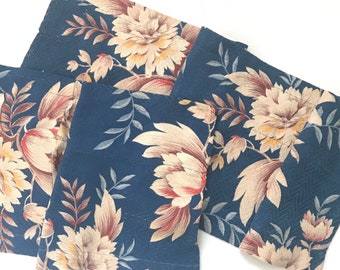 Vintage Teal Floral Barkcloth Remnants: 1950s Curtain Fabric Pieces