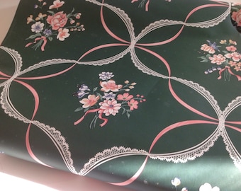 Vintage 1960s Wallpaper Roll: Dark Green, Pink Roses, Lace Garland