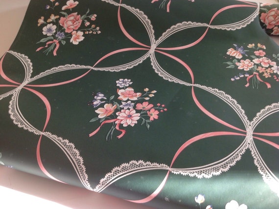 Vintage 1960s Wallpaper Roll: Dark Green, Pink Roses, Lace Garland