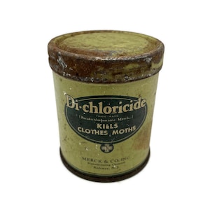 Antique Advertising Tin,  Di-Chloride Container, Kills Moths, Merck Product, Vintage Tin Box, Empty, Rahway New Jersey, Collectible