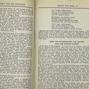 May include: A black and white page from a book with text about Amos the Prophet and his program. The text discusses the importance of prophets in different times and the need for spiritual leaders. The text also mentions the importance of truth and justice in our relations with each other.