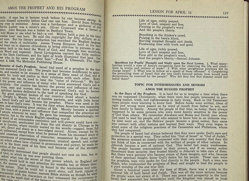 May include: A black and white page from a book with text about Amos the Prophet and his program. The text discusses the importance of prophets in different times and the need for spiritual leaders. The text also mentions the importance of truth and justice in our relations with each other.