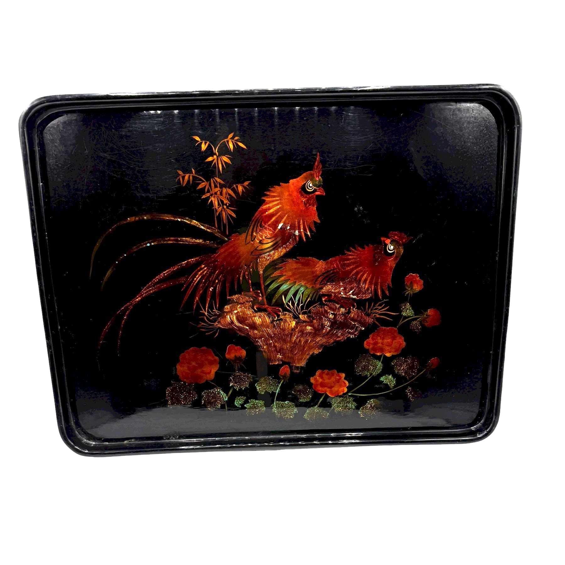 Rooster Inlay Vintage Japanese Inlay Lacquer Tray, Black With Bright Roosters ...