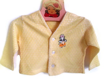 Vintage Baby Jacket- Yellow Cotton with Embroidered Bunny Rabbit- 0-3 Months-Knit Fabric-Pearl Buttons-Easter-Infant Jacket-Cotton Knit