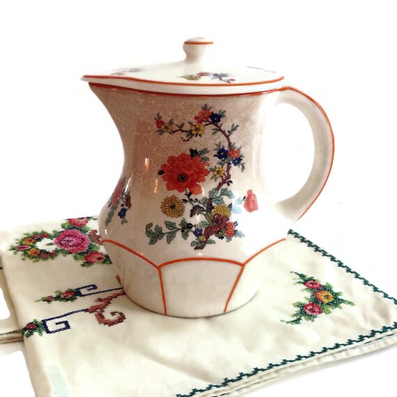 1930s Floral Ceramic Pitcher: Shabby Chic Teapot Coffee Pot