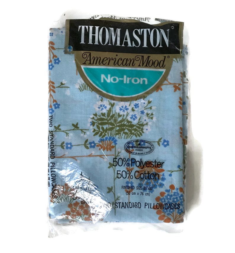 NOS Thomaston Pillowcase Set Cotton Polyester Vintage New Old Stock Blue Floral Print Fabric Deadstock New Home Bedding Twin Bed Linens