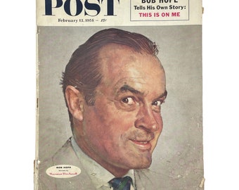 vintage des années 1950 Saturday Evening Post, February 1954 Issue Bob Hope By Norman Rockwell Couverture, Weekly Magazine, Publicité vintage, Petites annonces