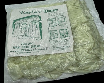 Vintage 1960s-1970s Sheer Window Curtains, Easi-Care Batiste, Light Green Dacron Cape Cod Frame Ruffle Curtain with Tiebacks, New Old Stock