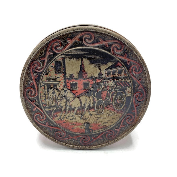 Vintage Tin Box, Fruit Cake Tin with a Lid, Old Fashioned Horse and Buggy, Carriage, Red and Black Round Storage Tin, Cookie Tin, Distressed