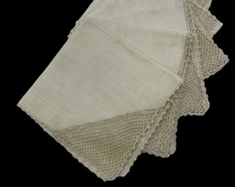 Vintage Ecru Linen Napkins: Crochet Corner, Set of 6