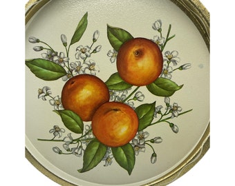 Vintage Round Tin Tray, Tole Tray, Painted Metal Tray, Decorative Tray  with Oranges and Blossoms, Serving Tray, Wall Decor