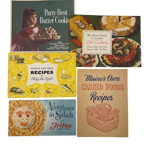Vintage Product Advertising Cookbook Lot of 5, Knox Gelatin, Maine&#39;s Canned Foods, Pillsbury, Fritos Recipes, 1950s Kitchen Decor, Cooking