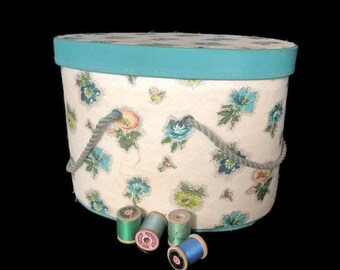 Vintage Quilted Sewing Basket with Floral Fabric & Sewing Notions
