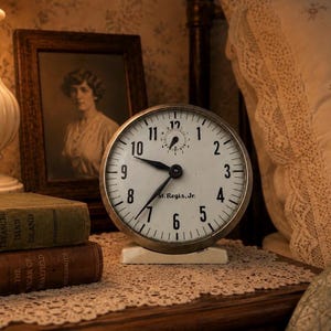 May include: A round analog table clock with a white face, black numerals, and black hands. The text St. Regis, Jr. is printed on the dial. The clock features a small secondary dial at the top and rests on a white base, positioned on a lace doily.