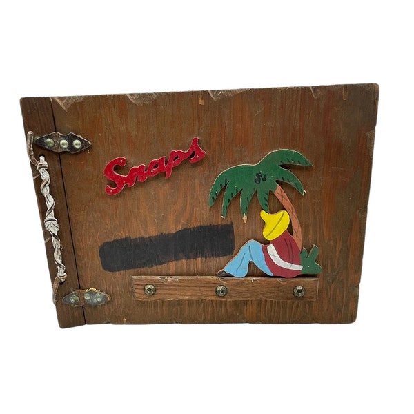 Vintage Handmade Wood Cover Scrapbook, Photo Book, Mexican Tropical Cut Outs, Wooden Photo Book, Snaps, Snapshot Book