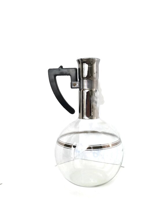 Mid Century Coffee Carafe Glass Silver Bands Black Plastic Handle Retro Kitchen Pot Vintage