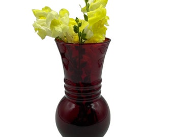 Vintage Anchor Hocking Ruby Red Harding Glass Vase, Flower Vase, Christmas Decor, Mid Century, Holiday Decor Vases