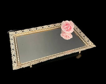 Vintage Mid Century Mirror Vanity Tray Rectangular Gold Tone Metal Hollywood Regency Perfume Dresser Jewelry Tray Boudoir Bathroom Organizer