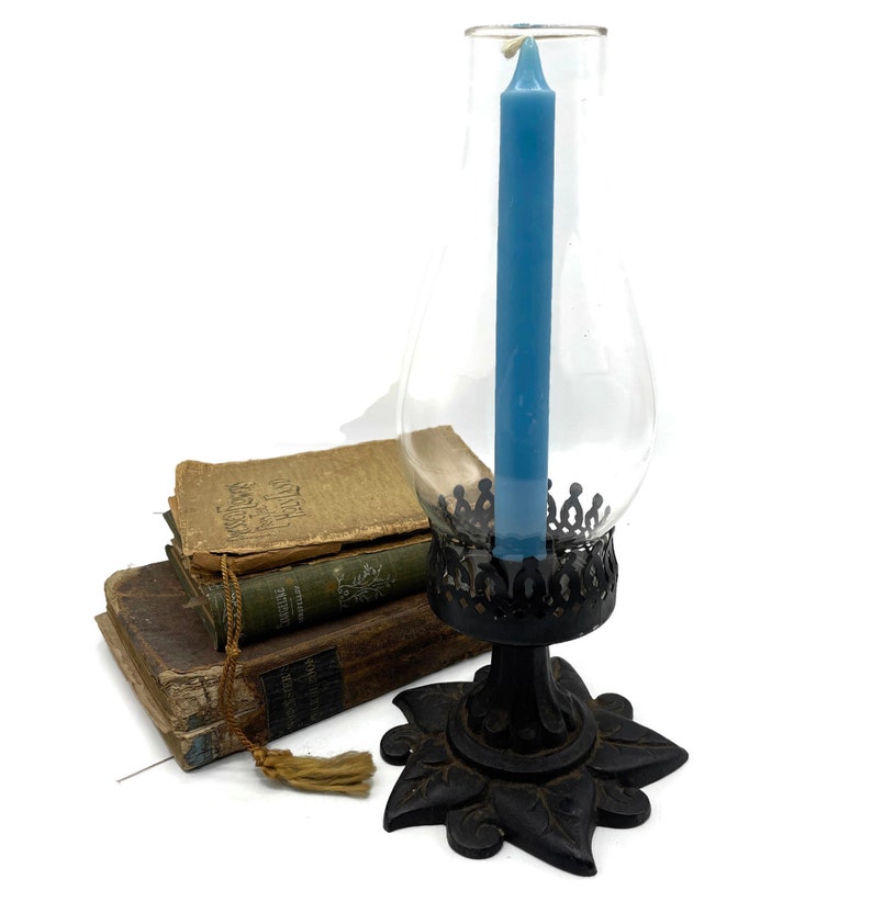 Antique Cast Iron Candle Holder Clear Glass Chimney Metal Etsy