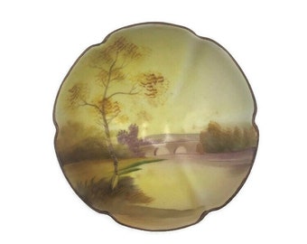 Antique Noritaka China Morimura Bowl, Tree in the Meadow, Hand Painted Landscape, Three Toed Bowl, Autumn Colors, Fall, Asian Home Decor