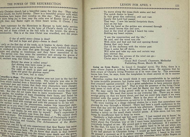 May include: A page from a vintage book with text about the power of the resurrection of Jesus Christ. The text is in black and white and the page is yellowed with age. The text includes a quote from Grace Noll Crowell, Classmate, Methodist Publishing House, March 23, 1940.