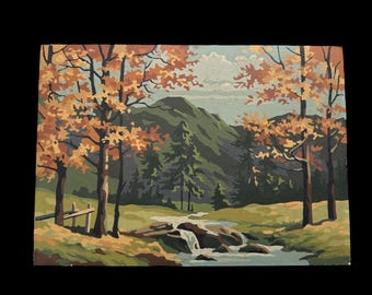 Mid Century 60s 70s Paint by Number Wall Decor, Vintage PBN Forest Stream Scene, Retro