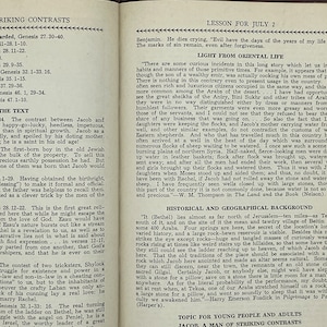 May include: A page from a vintage book about the biblical story of Jacob. The text discusses the contrast between Jacob and Esau, highlighting Jacob's cunning and deceitful nature. The page also includes a section on the historical and geographical background of Bethel, a significant location in the story.