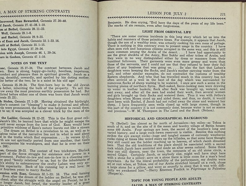 May include: A page from a vintage book about the biblical story of Jacob. The text discusses the contrast between Jacob and Esau, highlighting Jacob's cunning and deceitful nature. The page also includes a section on the historical and geographical background of Bethel, a significant location in the story.