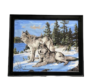 Vintage Paint by Number, Wolves in a Winter Snow Scene, Framed  22 x 18 Inches, PBN Wall Decor, Woodland Wall Art, Rustic Home decor