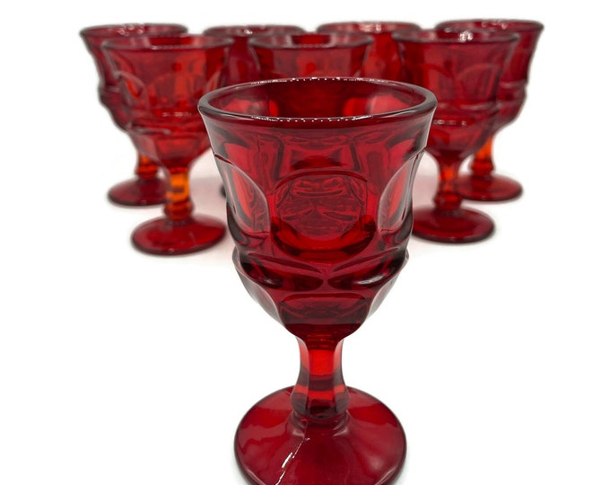 Vintage Ruby Red Wine Glasses, Fostoria Argus Wine Goblet, Set of Eight