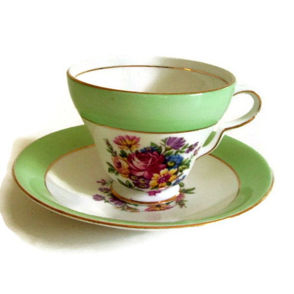 English Tea Cup,Taylor and Kent-Bone China Teacup-England, Mint Green and White, Floral Pattern, Vintage Kitchen-Shabby Chic