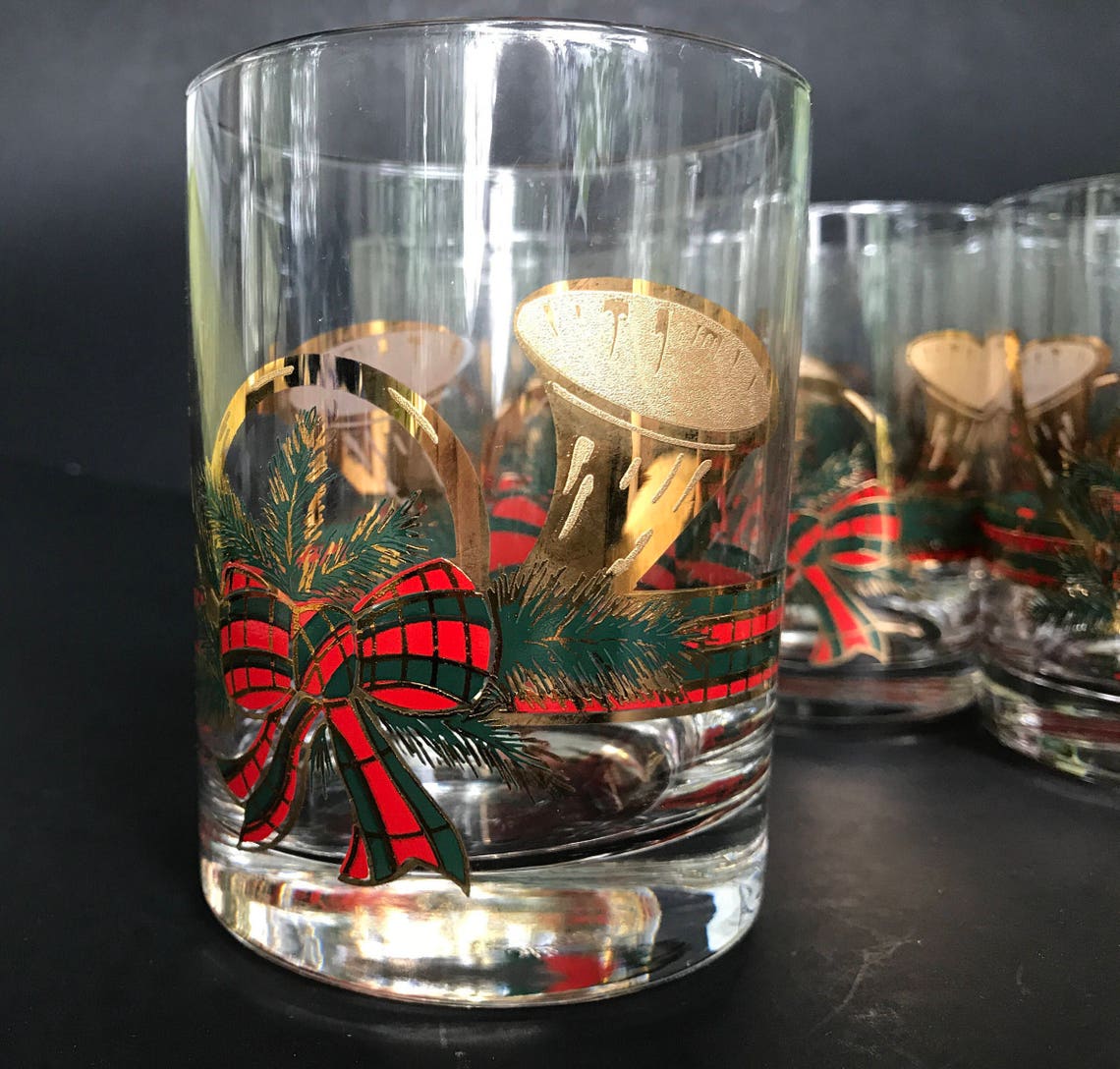 Vintage Culver Christmas Glasses Yule Horn 22K Gold Set of 12 Etsy