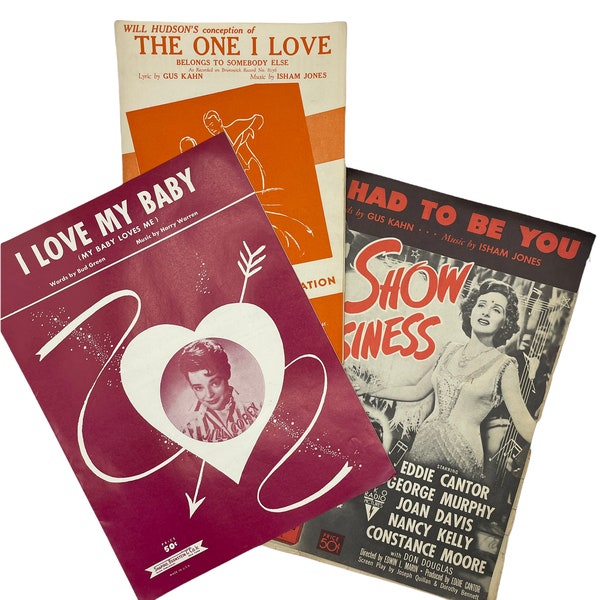 Partitions vintage des années 1920, Chansons d’amour, I Love My Baby, It Had To Be You, The One I Love, Valentine’s Day Ephemera, Pochette de musique, Notation