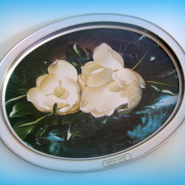 Vintage Tin Tray- Sunshine Biscuit- Magnolia Still Life- American Art- Martin J. Heade-Serving Tray-Oval Tray-Home Decor-Floral Tray