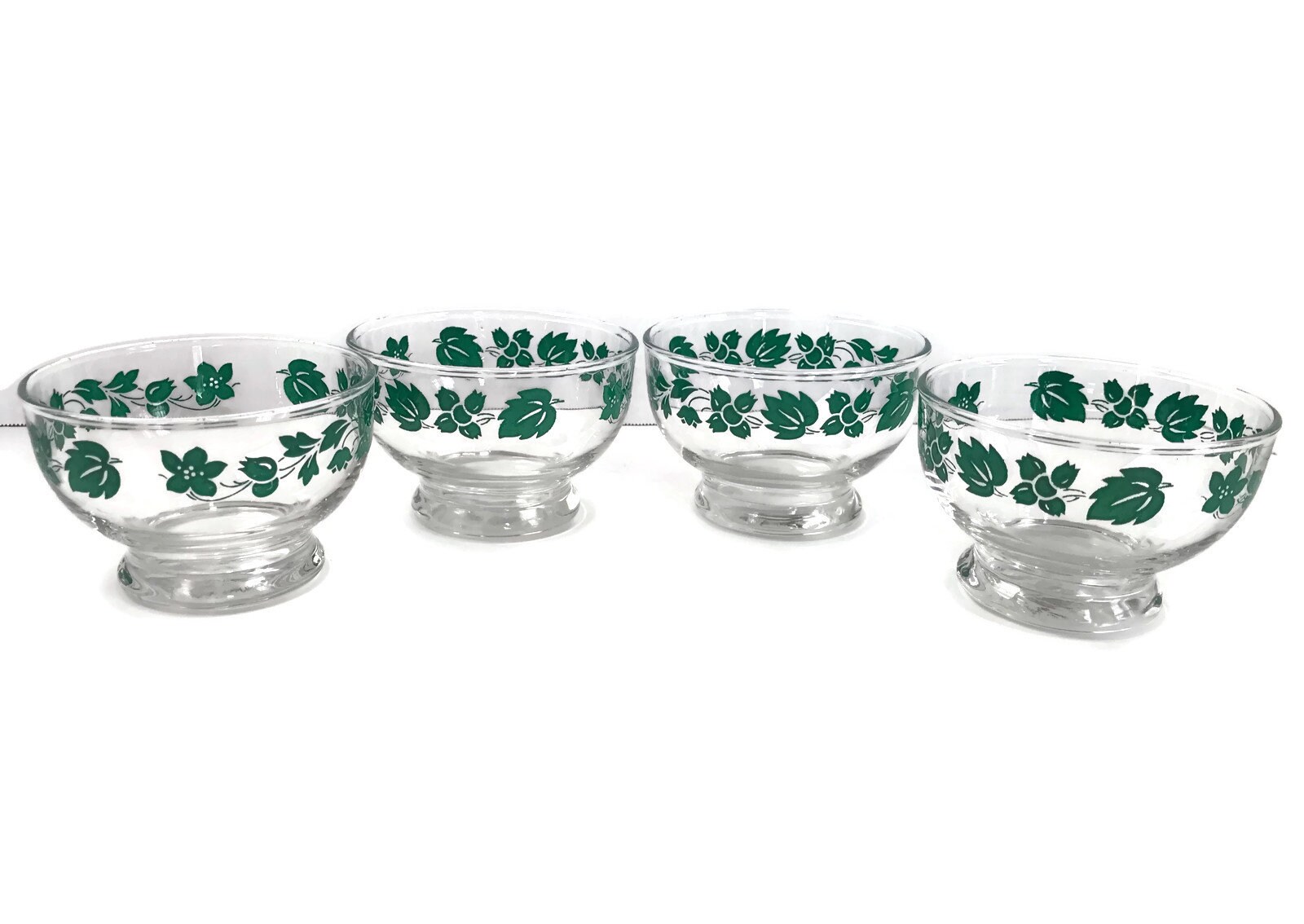 Vintage glass dessert dishes green floral decals footed etsy