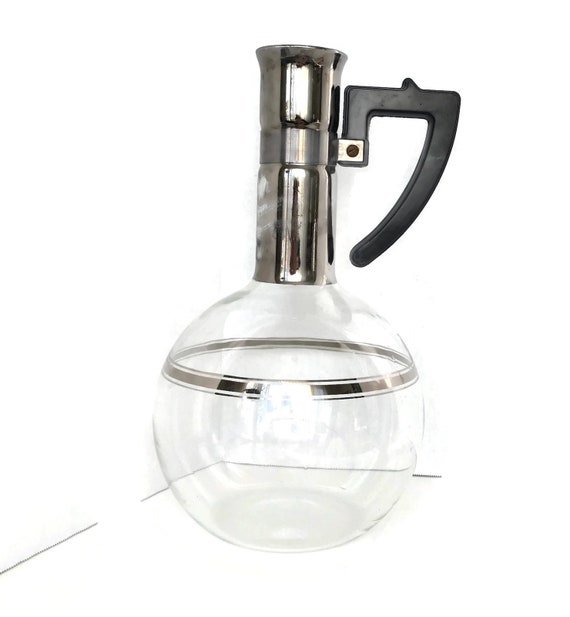 Mid Century Coffee Carafe Glass Silver Bands Black Plastic Handle Retro Kitchen Pot Vintage