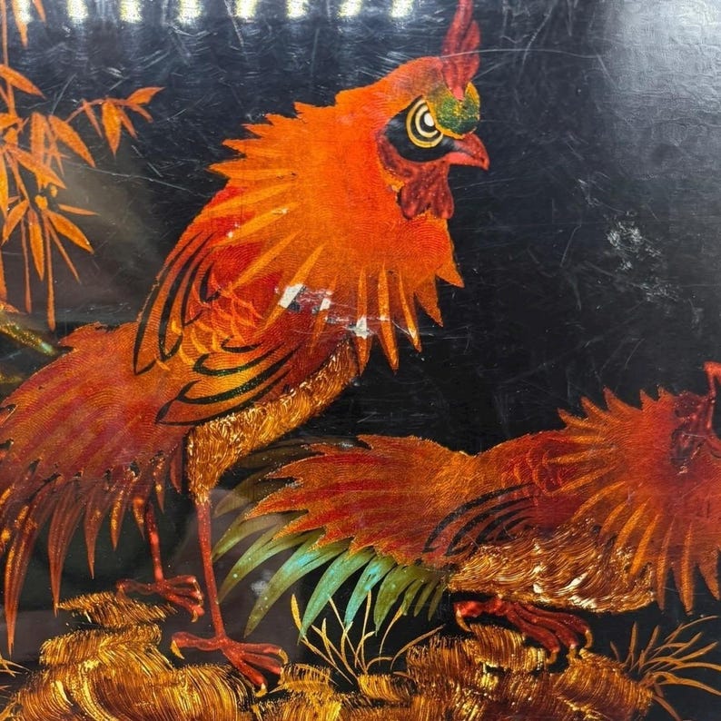 Rooster Inlay Vintage Japanese Inlay Lacquer Tray, Black With Bright Roosters ...