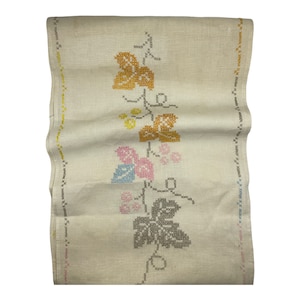 Camino de mesa de lino vintage: bordado floral en punto de cruz, 54 x 14