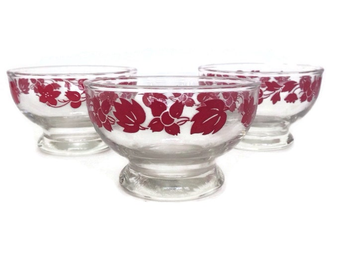 Vintage glass dessert dishes red floral decals footed vintage kitchen